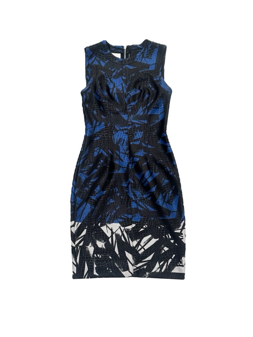 Yigal Azrouël Blue Black Abstract Brush Print Stretch Sheath Midi Cocktail Dress